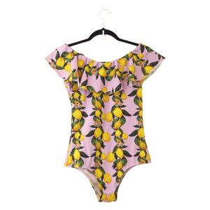* Verde Limon Lemon Citrus Fruit One Piece Ruffle Swimsuit sz M